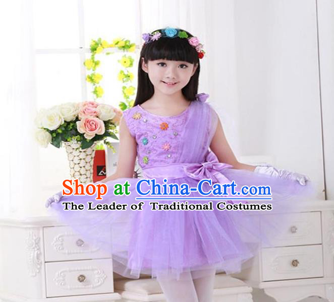Top Grade Chinese Compere Professional Performance Catwalks Costume, Children Princess Purple Veil Bubble Dress Modern Dance Dress for Girls Kids