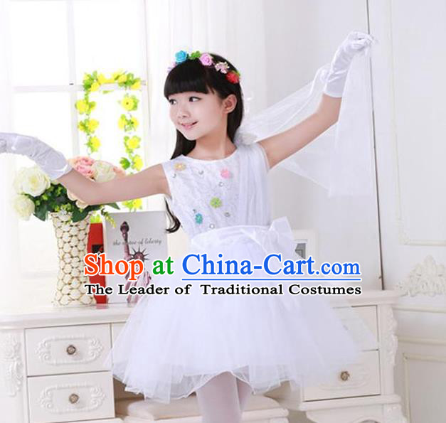Top Grade Chinese Compere Professional Performance Catwalks Costume, Children Princess White Veil Bubble Dress Modern Dance Dress for Girls Kids
