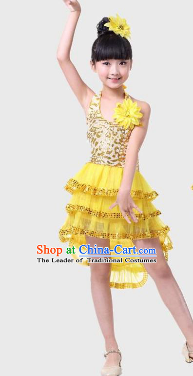 Top Grade Chinese Compere Professional Performance Catwalks Costume, Children Yellow Bubble Dress Modern Dance Dress for Girls Kids