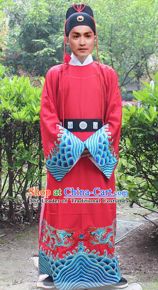 Traditional China Beijing Opera Niche Costume Zhan Zhao Robe and Headwear, Ancient Chinese Peking Opera Embroidery Red Gwanbok Clothing