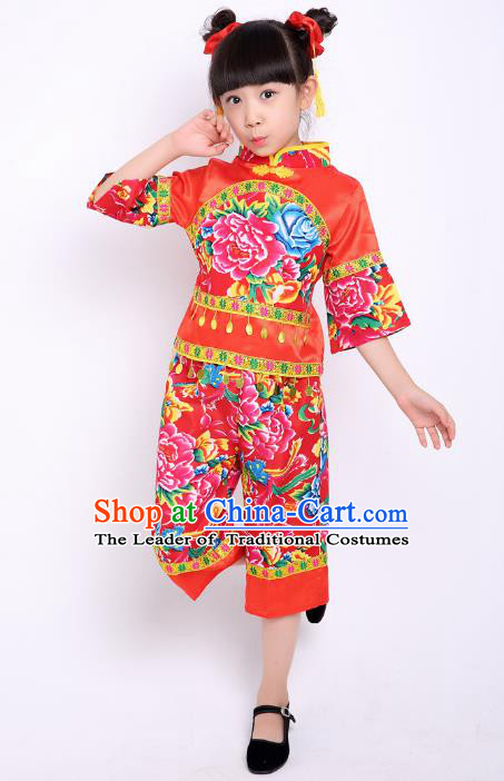 Traditional Chinese Classical Dance Yangge Fan Dance Printing Peony Red Costume, Folk Dance Waist Drum Dance Clothing Yangko Uniform for Kids