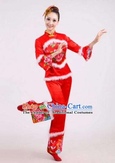 Traditional Chinese Classical Dance Yangge Fan Dance Embroidery Peony Red Costume, Folk Dance Waist Drum Dance Clothing Yangko Uniform for Women