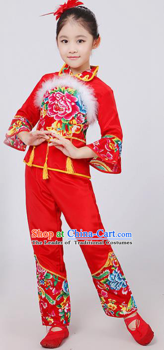 Traditional Chinese Classical Dance Yangge Fan Dance Printing Peony Red Costume, Folk Dance Waist Drum Dance Clothing Yangko Uniform for Kids