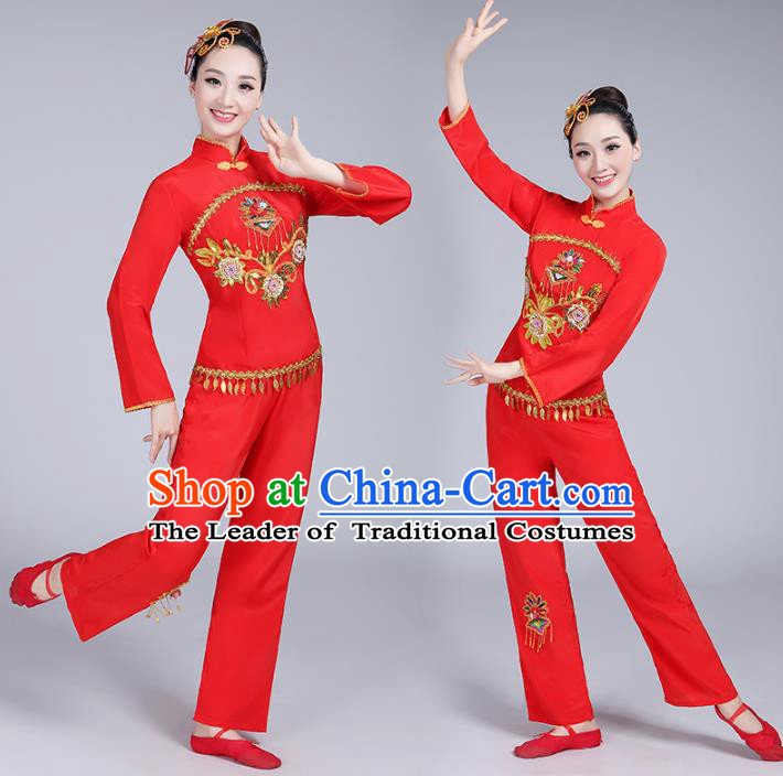 Traditional Chinese classical Yangge Fan Dancing Costume Modern dancing Dress Clothing and Headwear