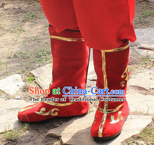 Traditional China Beijing Opera Warrior Embroidered Shoes, Ancient Chinese Peking Opera Soldier Takefu Red Boots