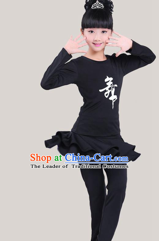 Top Grade Chinese Compere Professional Performance Catwalks Costume, Children Latin Dance Black Uniform Modern Dance Clothing for Girls Kids