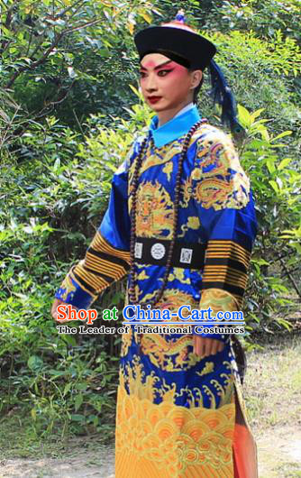 Traditional China Beijing Opera Niche Costume Qing Dynasty Eunuch Embroidered Robe and Hat, Ancient Chinese Peking Opera Manchu Royal Highness Embroidery Blue Gwanbok Clothing