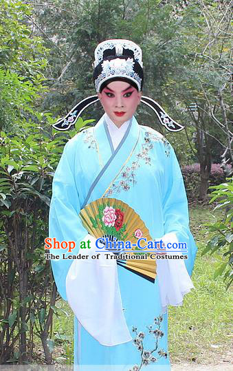 Traditional China Beijing Opera Niche Costume Lang Scholar Embroidered Robe and Headwear, Ancient Chinese Peking Opera Embroidery Blue Gwanbok Clothing