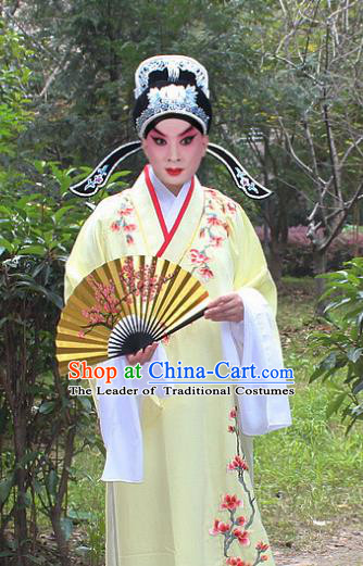 Traditional China Beijing Opera Niche Costume Scholar Embroidered Robe and Headwear, Ancient Chinese Peking Opera Embroidery Yellow Xiucai Gwanbok Clothing