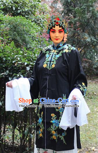 Traditional China Beijing Opera Young Lady Hua Tan Costume Black Embroidered Cape, Ancient Chinese Peking Opera Female Diva Embroidery Dress Clothing