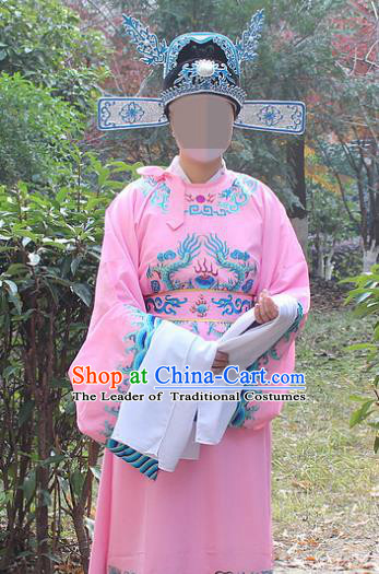 Traditional China Beijing Opera Niche Costume Lang Scholar Pink Embroidered Robe and Hat, Ancient Chinese Peking Opera Embroidery Emperor Son-in-law Gwanbok Clothing