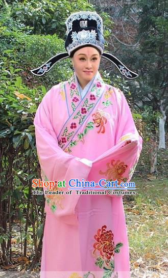 Traditional China Beijing Opera Niche Costume Scholar Pink Embroidered Robe and Hat, Ancient Chinese Peking Opera Embroidery Chrysanthemum Clothing