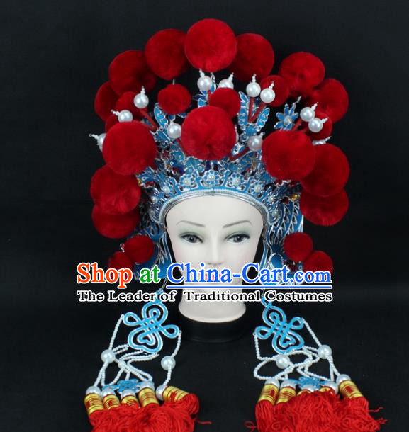 Traditional China Beijing Opera Swordplay Hair Accessories Red Venonat Hat, Ancient Chinese Peking Opera Blues Headwear Phoenix Coronet