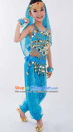 Traditional Indian Classical Dance Belly Dance Costume, India China Uyghur Nationality Dance Clothing Blue Paillette Uniform for Kids