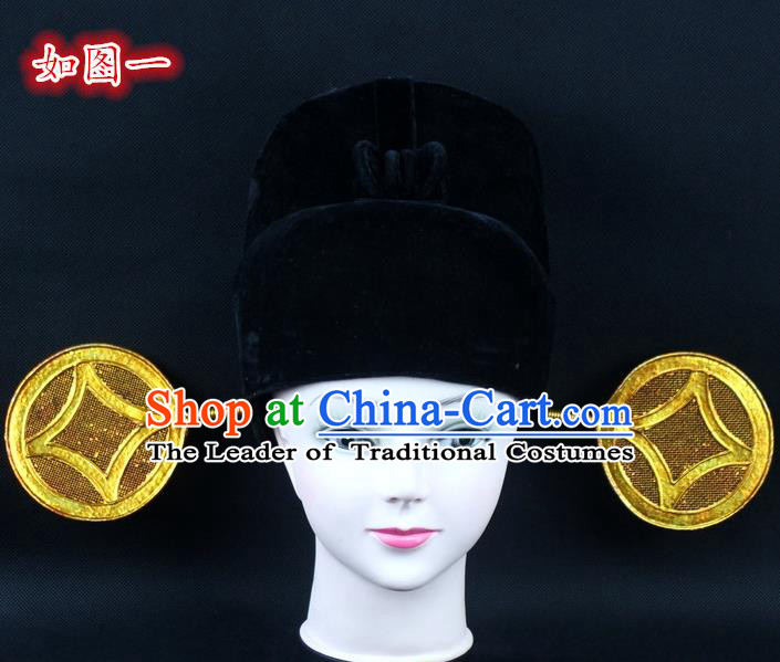 Traditional China Beijing Opera Young Men Hair Accessories Pierrot Hat, Ancient Chinese Peking Opera Magistrates Black Gauze Cap