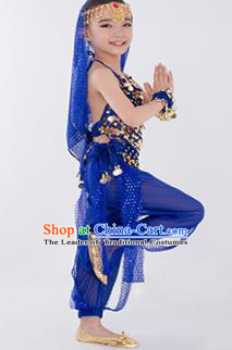 Traditional Indian Classical Dance Belly Dance Costume, India China Uyghur Nationality Dance Clothing Royalblue Paillette Uniform for Kids