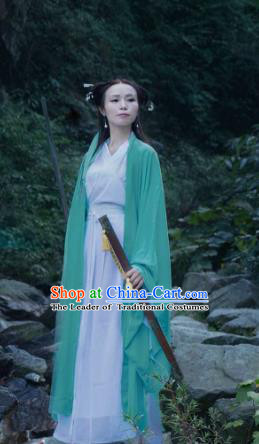 Traditional Ancient Chinese Swordswoman Costume Green Wide Sleeve Cardigan, Elegant Hanfu Clothing Chinese Jin Dynasty Fairy Dress Clothing for Women