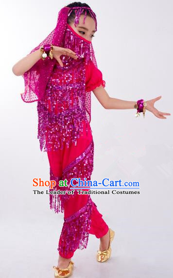 Traditional Indian Classical Dance Belly Dance Costume and Headwear, India China Uyghur Nationality Dance Clothing Rosy Uniform for Kids