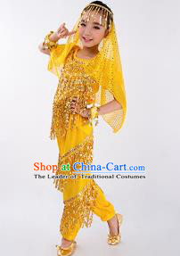 Traditional Indian Classical Dance Belly Dance Costume and Headwear, India China Uyghur Nationality Dance Clothing Yellow Uniform for Kids