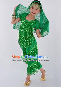 Traditional Indian Classical Dance Belly Dance Costume and Headwear, India China Uyghur Nationality Dance Clothing Green Uniform for Kids
