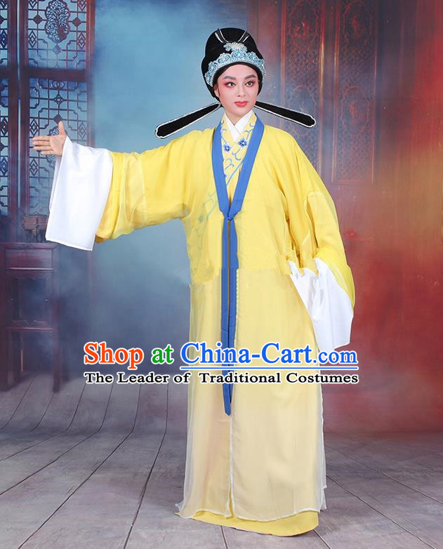 Traditional China Beijing Opera Niche Costume Gifted Scholar Embroidered Robe and Headwear, Ancient Chinese Peking Opera Embroidery Yellow Clothing