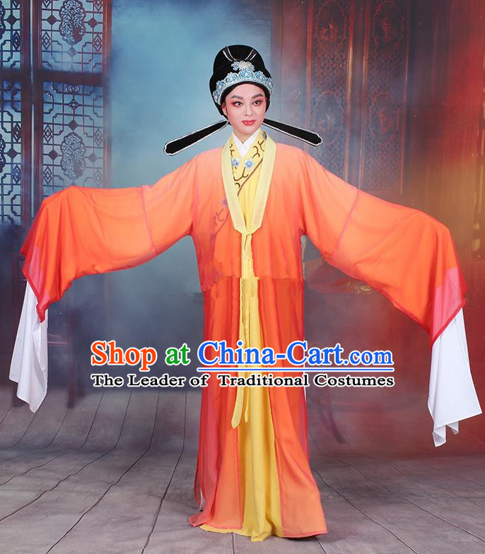Traditional China Beijing Opera Niche Costume Gifted Scholar Embroidered Robe and Headwear, Ancient Chinese Peking Opera Embroidery Orange Clothing