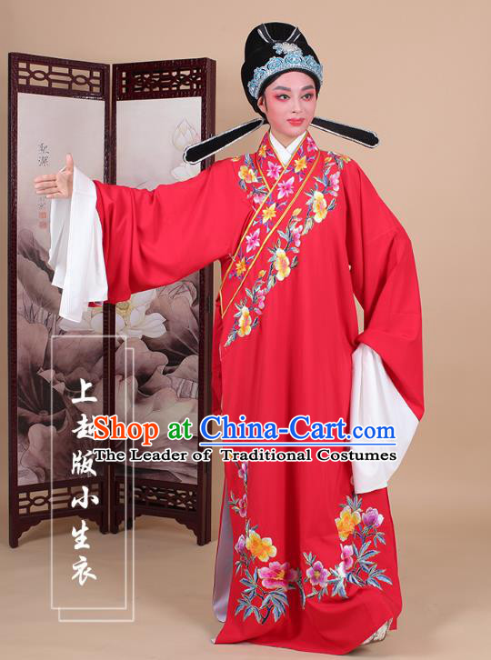 Traditional China Beijing Opera Niche Costume Lang Scholar Embroidered Red Robe and Headwear, Ancient Chinese Peking Opera Embroidery Clothing