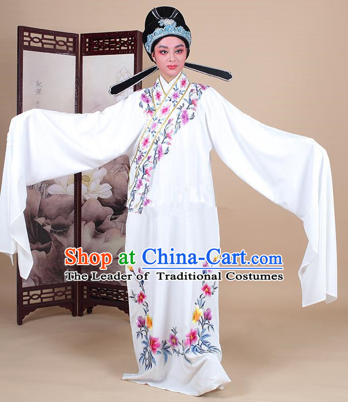 Traditional China Beijing Opera Niche Costume Lang Scholar Embroidered White Robe and Headwear, Ancient Chinese Peking Opera Embroidery Clothing