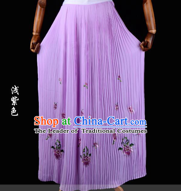 Traditional China Beijing Opera Young Lady Hua Tan Costume Female Embroidered Purple Pleated Skirt, Ancient Chinese Peking Opera Diva Embroidery Peony Dress Bust Skirt