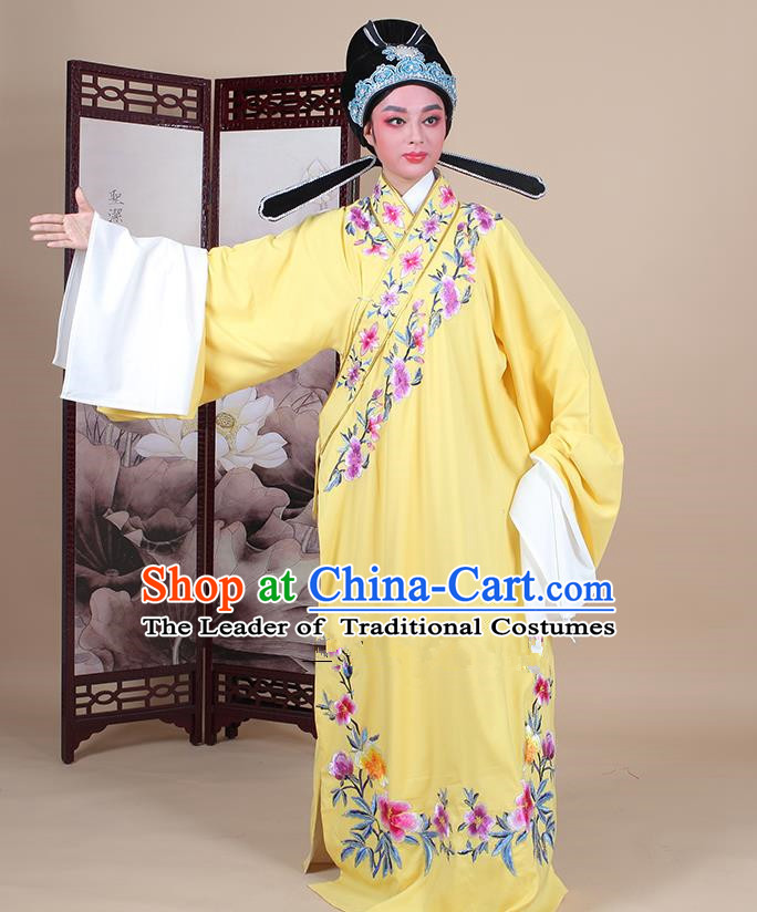 Traditional China Beijing Opera Niche Costume Lang Scholar Embroidered Yellow Robe and Headwear, Ancient Chinese Peking Opera Embroidery Clothing