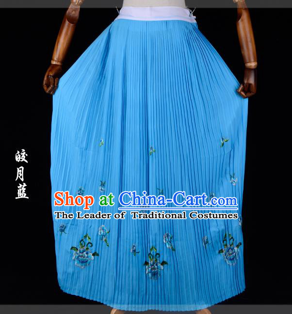 Traditional China Beijing Opera Young Lady Hua Tan Costume Female Embroidered Deep Blue Pleated Skirt, Ancient Chinese Peking Opera Diva Embroidery Peony Dress Bust Skirt