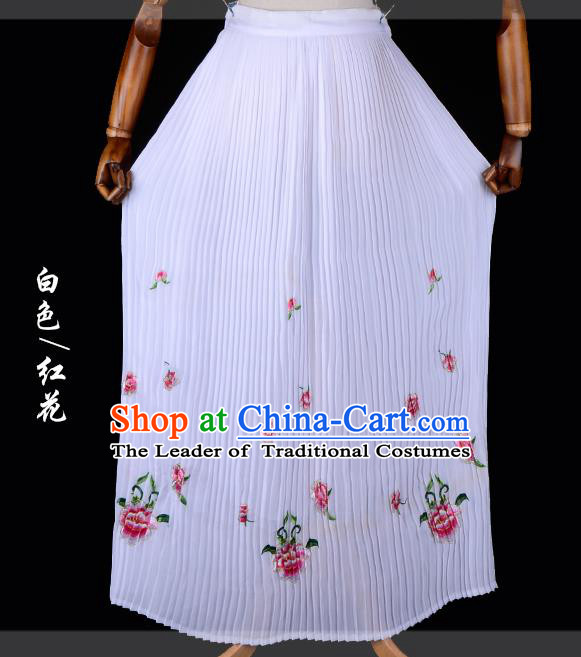 Traditional China Beijing Opera Young Lady Hua Tan Costume Female Embroidered White Pleated Skirt, Ancient Chinese Peking Opera Diva Embroidery Peony Dress Bust Skirt
