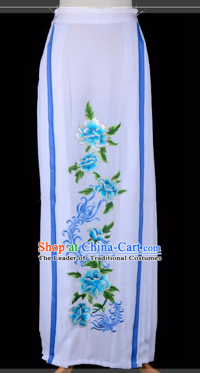 Traditional China Beijing Opera Young Lady Hua Tan Costume Embroidered Pleated Skirt, Ancient Chinese Peking Opera Diva Embroidery Blue Peony Dress Bust Skirt