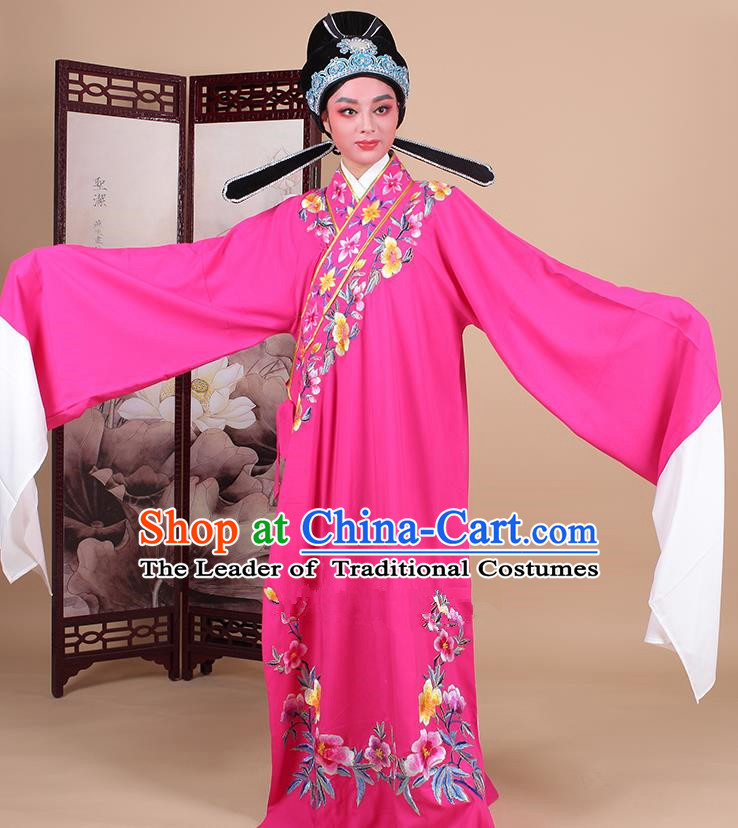 Traditional China Beijing Opera Niche Costume Lang Scholar Embroidered Peach Pink Robe and Headwear, Ancient Chinese Peking Opera Embroidery Clothing