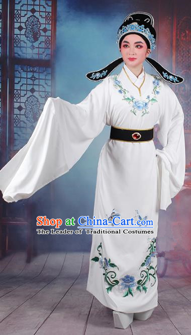Traditional China Beijing Opera Niche Costume Lang Scholar Embroidered White Robe and Headwear, Ancient Chinese Peking Opera Jia Baoyu Embroidery Clothing