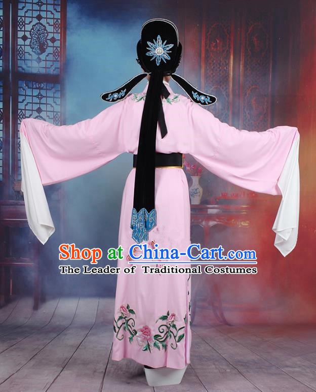 Traditional China Beijing Opera Niche Costume Lang Scholar Embroidered Pink Robe and Headwear, Ancient Chinese Peking Opera Jia Baoyu Embroidery Clothing
