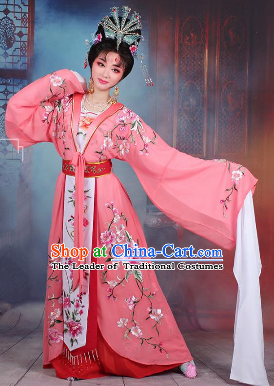 Traditional China Beijing Opera Young Lady Hua Tan Costume Peach Pink Embroidered Cape, Ancient Chinese Peking Opera Diva Embroidery Peony Water Sleeve Dress Clothing