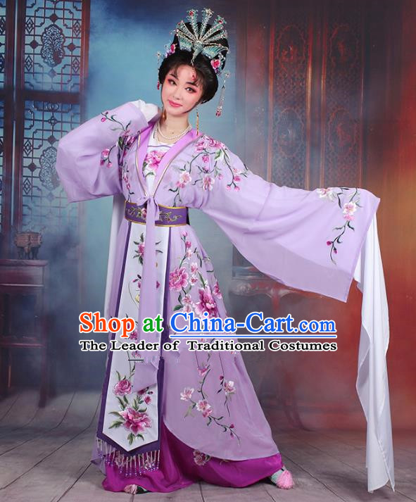 Traditional China Beijing Opera Young Lady Hua Tan Costume Purple Embroidered Cape, Ancient Chinese Peking Opera Diva Embroidery Peony Water Sleeve Dress Clothing