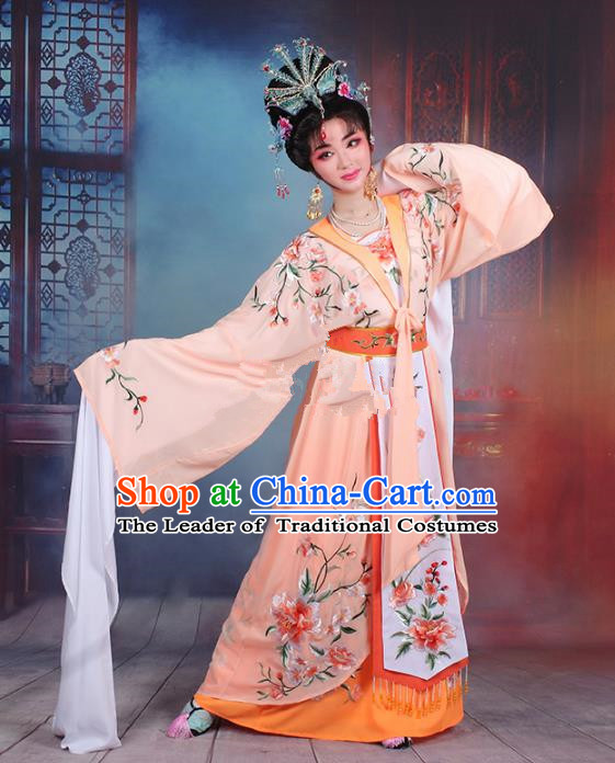 Traditional China Beijing Opera Young Lady Hua Tan Costume Orange Embroidered Cape, Ancient Chinese Peking Opera Diva Embroidery Peony Water Sleeve Dress Clothing