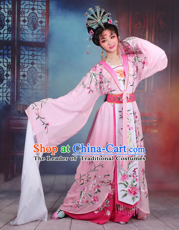 Traditional China Beijing Opera Young Lady Hua Tan Costume Pink Embroidered Cape, Ancient Chinese Peking Opera Diva Embroidery Peony Water Sleeve Dress Clothing