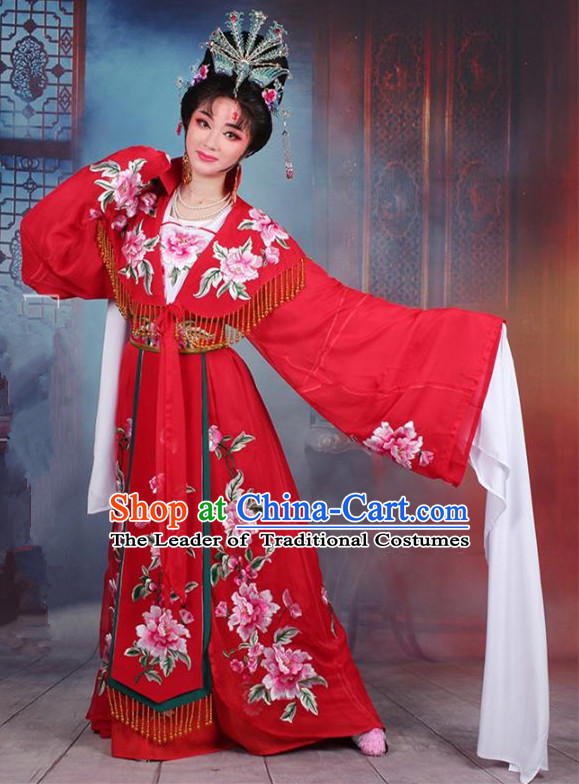 Traditional China Beijing Opera Young Lady Hua Tan Costume Imperial Concubine Red Embroidered Cape, Ancient Chinese Peking Opera Diva Embroidery Peony Dress Clothing