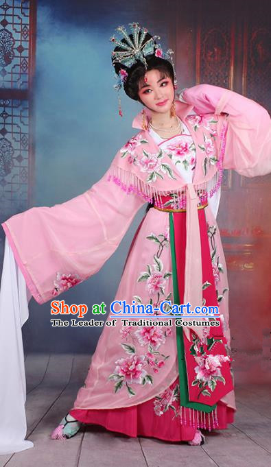 Traditional China Beijing Opera Young Lady Hua Tan Costume Imperial Concubine Pink Embroidered Cape, Ancient Chinese Peking Opera Diva Embroidery Peony Dress Clothing
