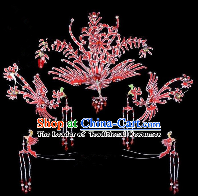 Traditional China Beijing Opera Young Lady Hair Accessories Phoenix Head-ornaments Complete Set, Ancient Chinese Peking Opera Hua Tan Headwear Diva Red Headpiece