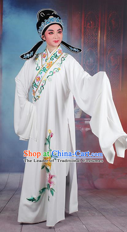 Traditional China Beijing Opera Young Men Costume Lang Scholar White Embroidered Robe, Ancient Chinese Peking Opera Niche Embroidery Clothing
