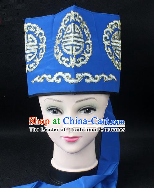 Traditional China Beijing Opera Hair Accessories Lao-Sheng Hat, Ancient Chinese Peking Opera Embroidery Blue Landlord Hat
