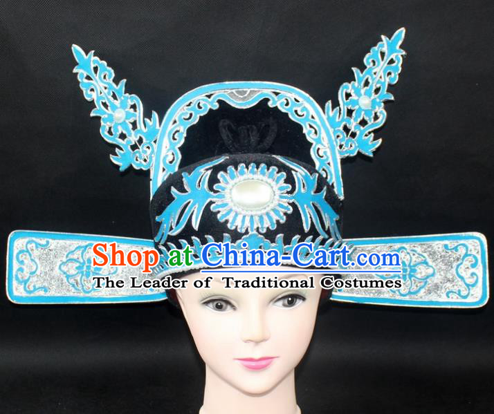 Traditional China Beijing Opera Lang Scholar Niche Hat, Ancient Chinese Peking Opera Men Black Gauze Cap Headwear Prime Minister Hat