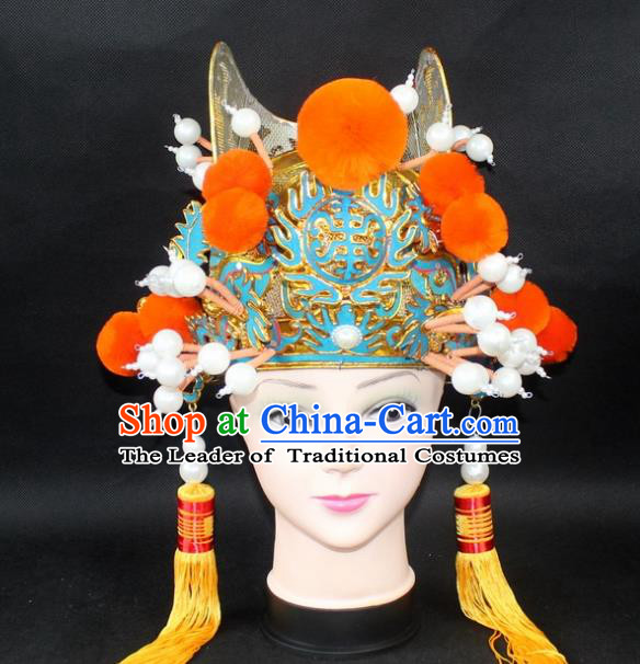 Traditional China Beijing Opera Lang Scholar Niche Hat, Ancient Chinese Peking Opera Eunuch Orange Venonat Cap Headwear Prime Minister Hat