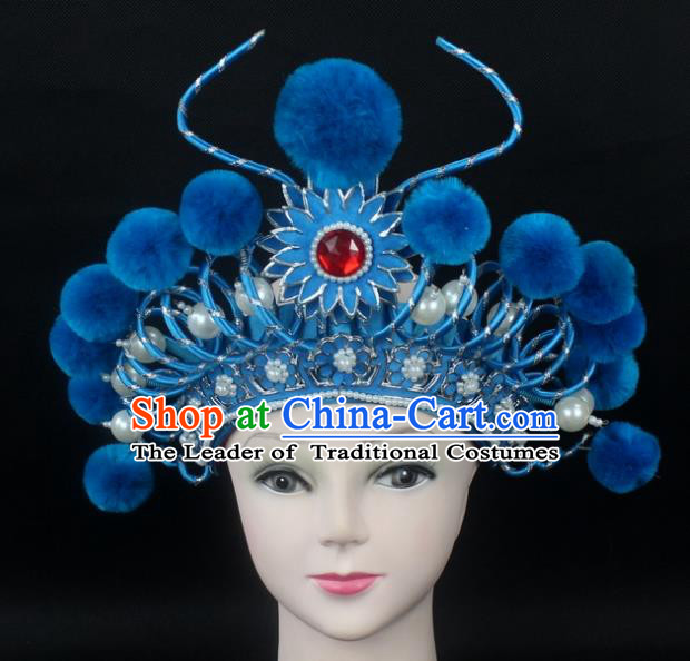 Traditional China Beijing Opera Swordplay Hair Accessories Blue Venonat Hat, Ancient Chinese Peking Opera Blues Headwear