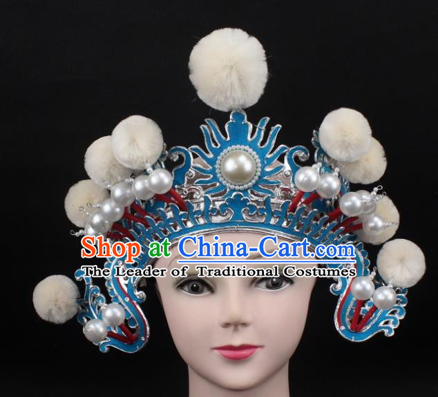 Traditional China Beijing Opera Hair Accessories White Venonat General Hat, Ancient Chinese Peking Opera Takefu Helmet Headwear