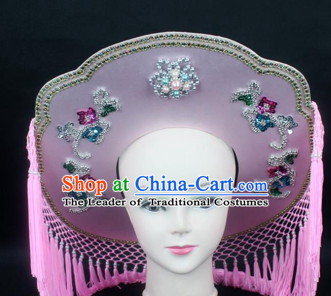 Traditional China Beijing Opera Hair Accessories Fisher-Woman Pink Hat, Ancient Chinese Peking Opera Swordplay Helmet Headwear